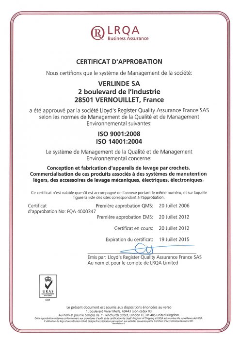 VERLINDE SA is gecertificeerd volgens de norm ISO 14001 – 2004